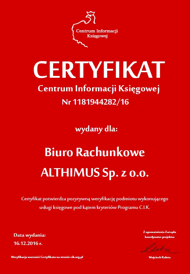 Certyfikat Centrum Informacji Księgowej nr 1181944282